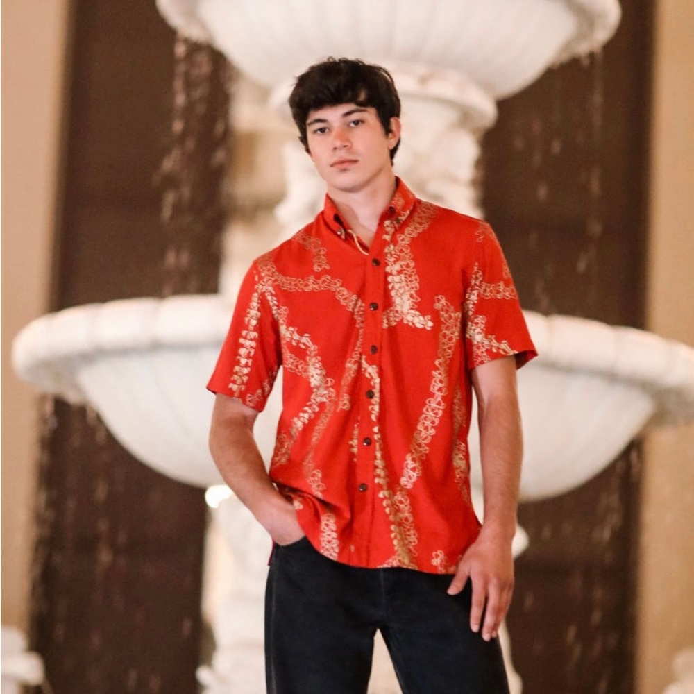 Hawaiian Men's gold Puakenikeni Aloha Shirt size large